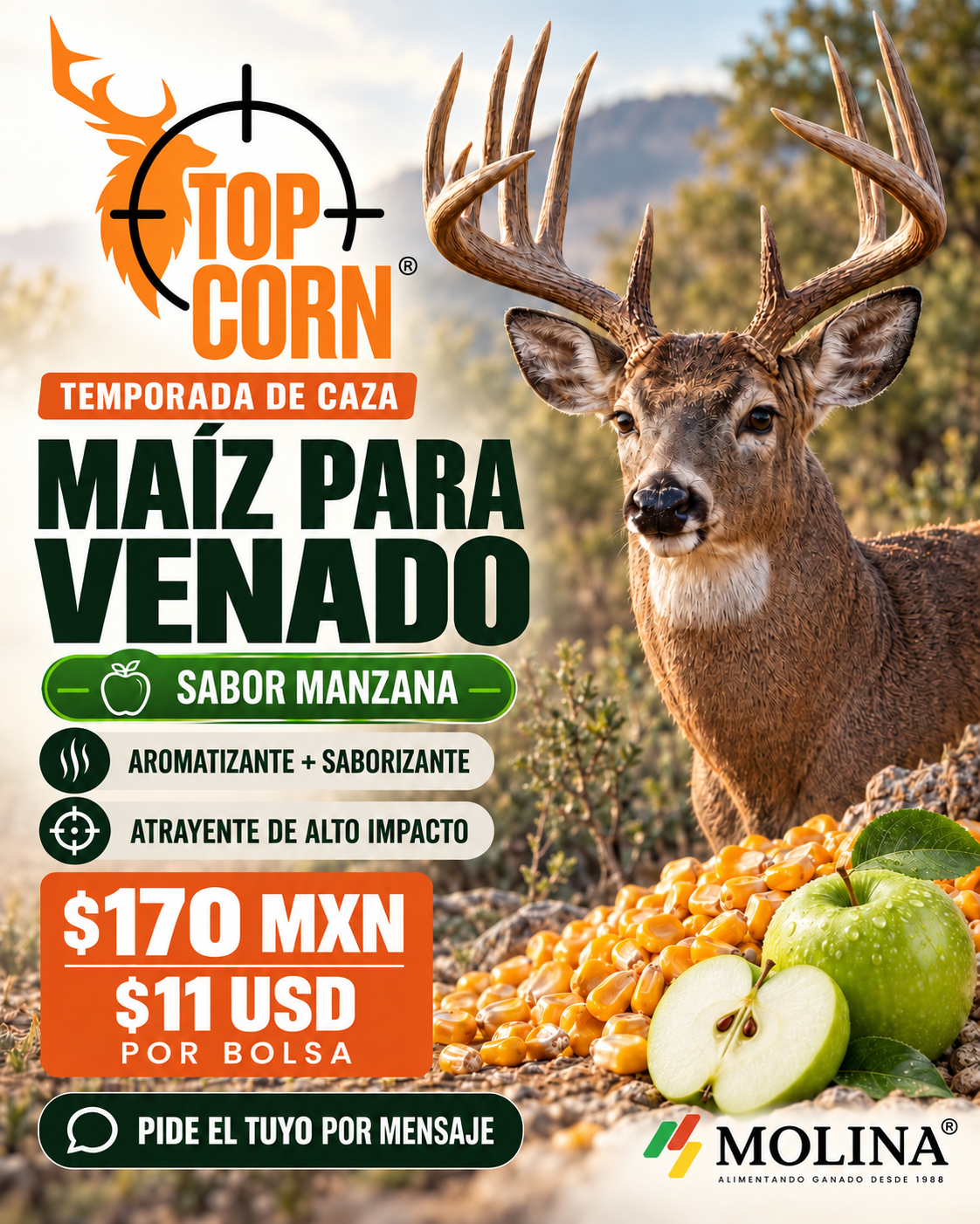 TOP CORN, maíz para venado sabor manzana, anuncio MOLINA